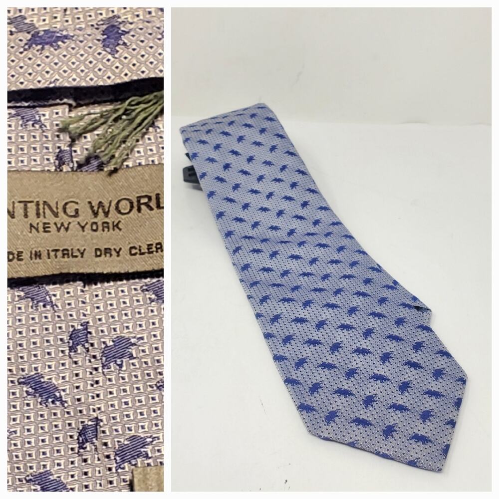 Hunting World blue Elephant patterned silk tie New with tags